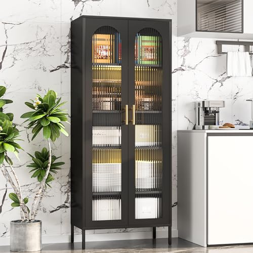 71" Display Cabinet with Glass Doors, Curio Cabinet with 4 Adjustable Shelves, Glass Cabinet Display Cases for Collectibles,Black Tall Metal Cabinet for Home Office,Living Room,Kitchen