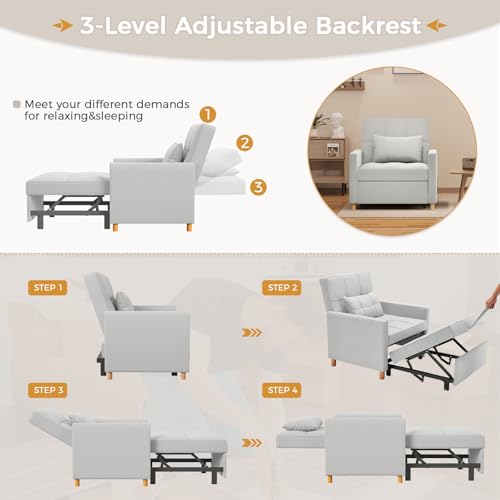 Esright Sleeper Chair 3-in-1 Convertible Sofa Bed with Throw Pillow, Light Grey V809