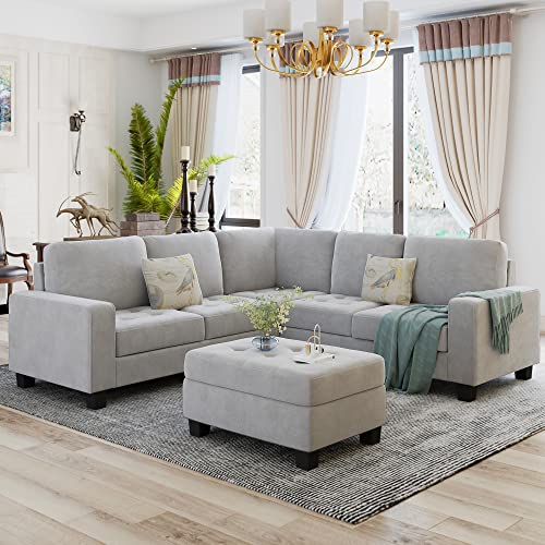 L-Shape Sectional Sofa with Storage Ottoman, Light Grey X911071