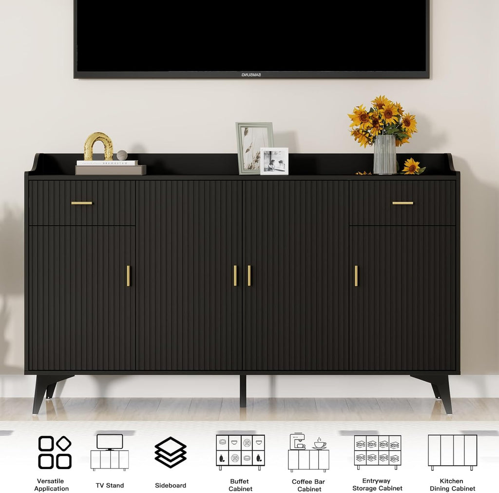 Wakefit Sideboard Buffet Cabinet with Storage, Fluted Doors & Drawer, Black Q8624