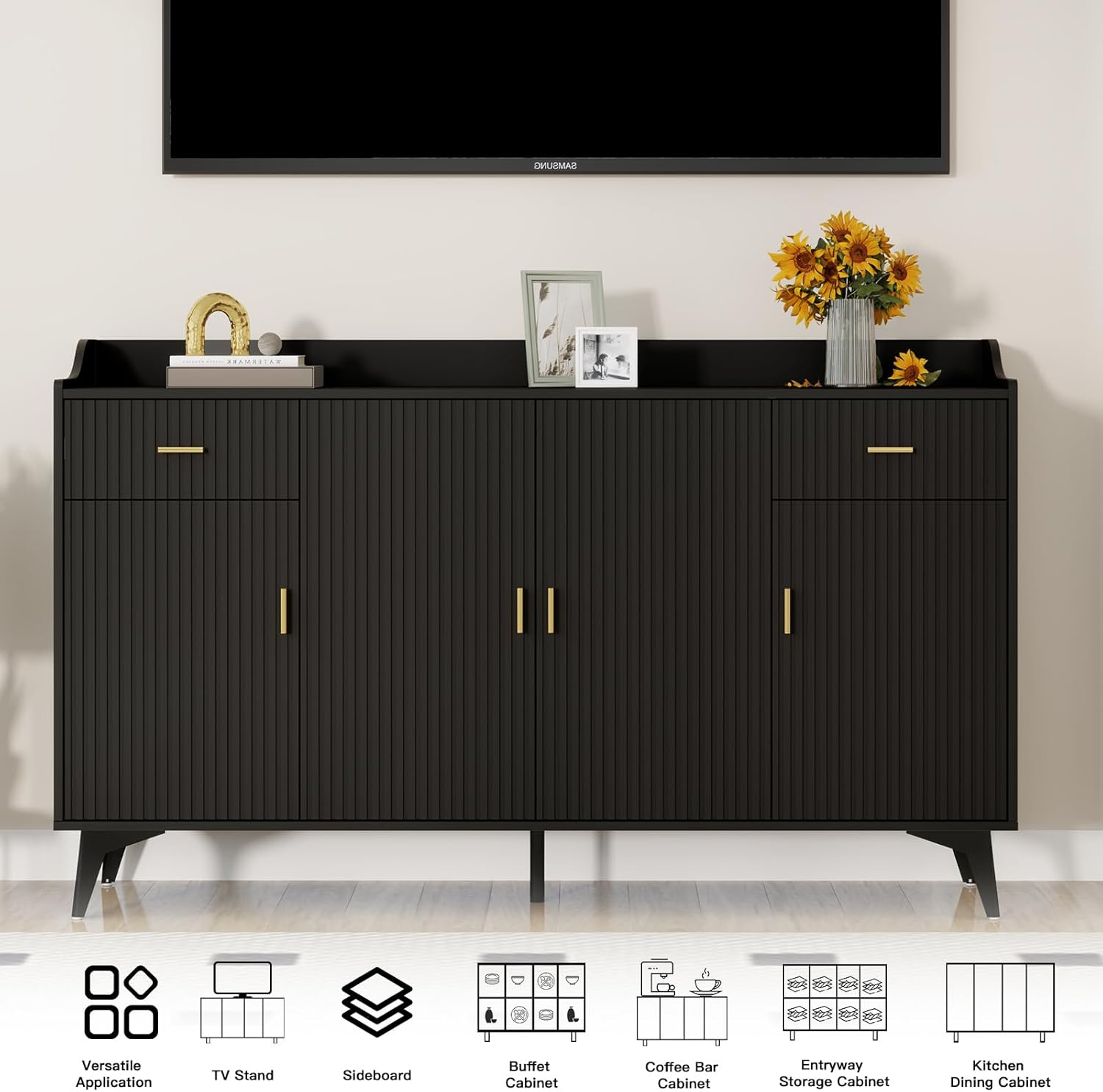 Wakefit Sideboard Buffet Cabinet with Storage, Fluted Doors & Drawer, Black Q8624