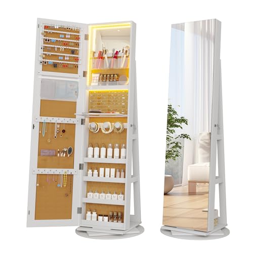Vlsrka 360° Swivel Jewelry Cabinet with Lights and Full Length Mirror, Black R450