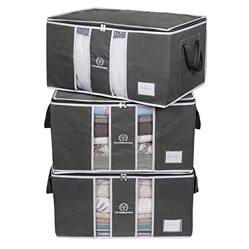 Clothes Storage Bag Organizer for, Blankets, Clothing, Comforters and Bedding Sets - Stackable with Zippers - Clear Window - 3 Pack Grey
