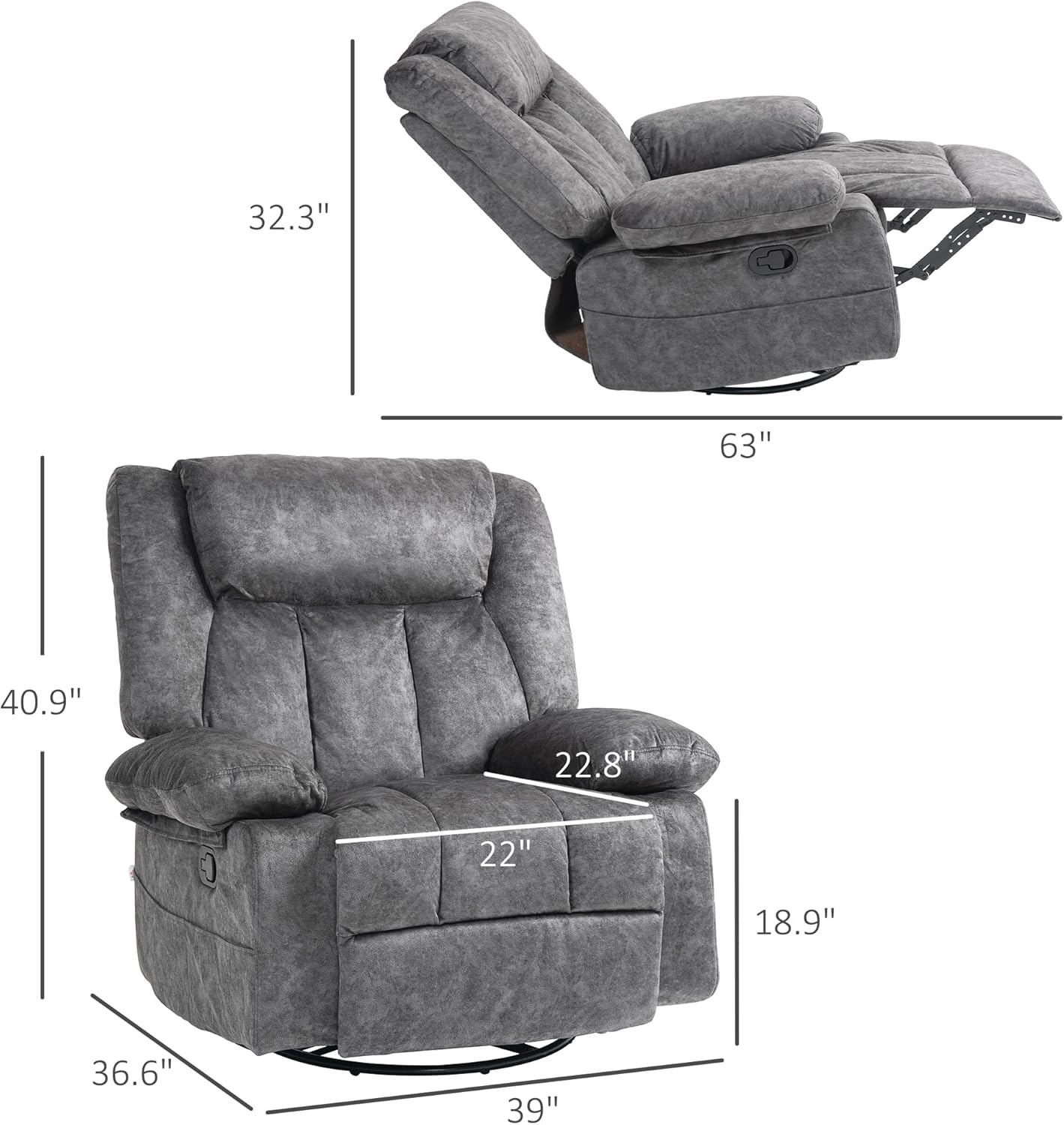 Swivel Rocker Recliner Chair with 360 Degree Swivel, Gray, Metal Base E85391