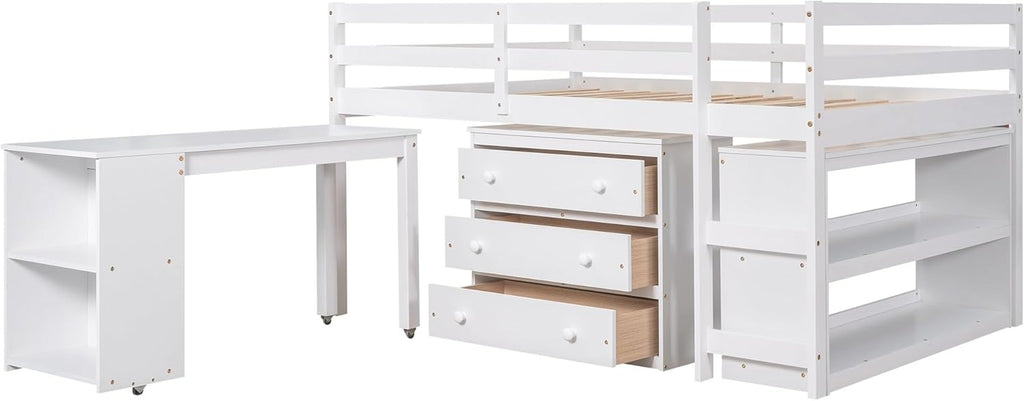 Low Loft Bed with Cabinet Shelves and Rolling Desk White O11972