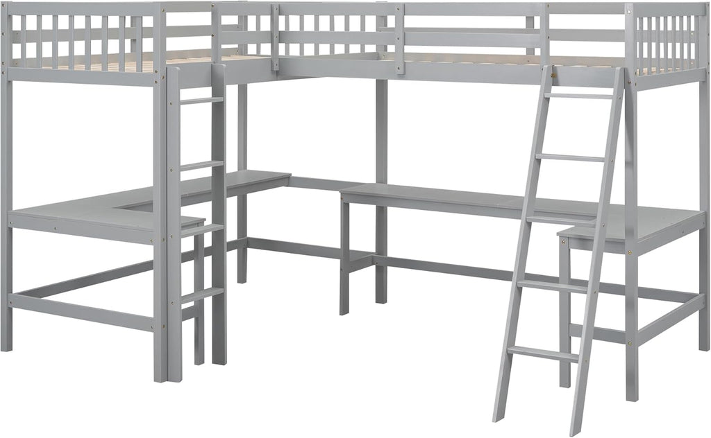 L-Shaped Double Twin Loft Bed with 2 Desks, Wood, Gray O422687