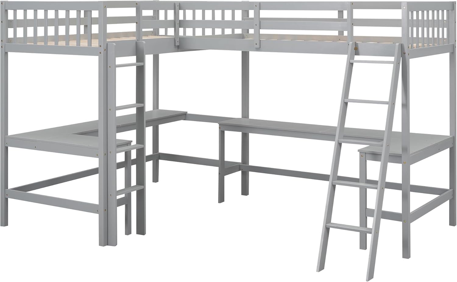 L-Shaped Double Twin Loft Bed with 2 Desks, Wood, Gray O422687