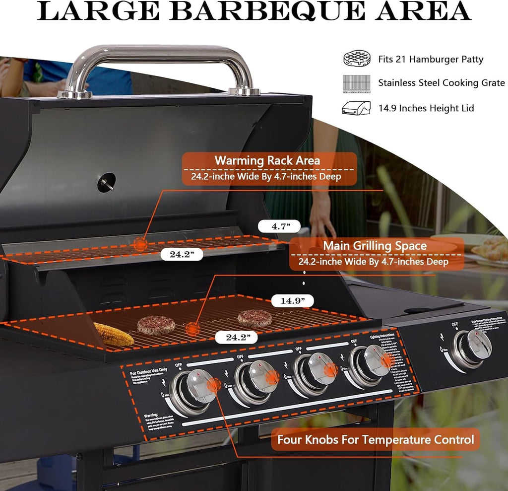 MAGIC UNION 4-Burner Propane Gas BBQ Grill with Side Burner, Cast Iron, Stainless Steel Grates P162