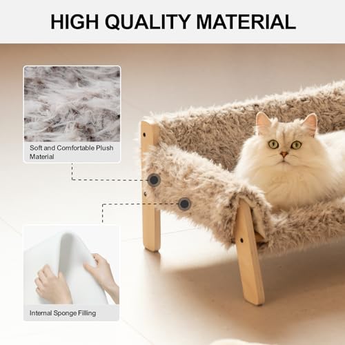 MEWOOFUN Cat Couch Bed, Wooden Pet Sofa with Removable Mattress Cover, Plush Beige F123404