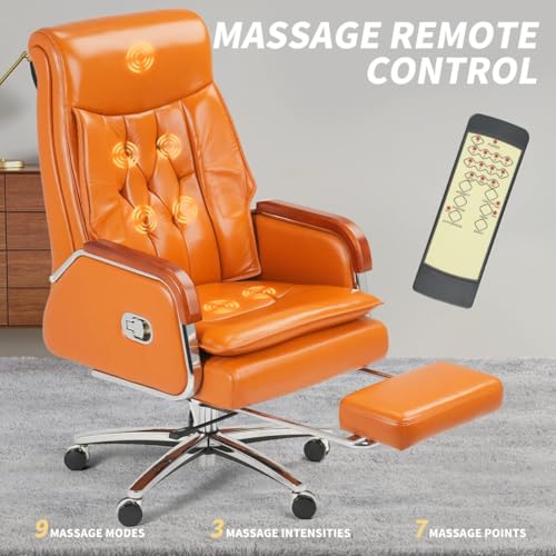 Kinnls Cameron Massage Chair Big and Tall Office Chair 500lbs Genuine Leather High Back Heavy Duty Executive Desk Chair Fully Reclining G242061
