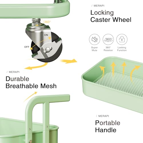 2 Tier Rolling Metal Utility Cart with Wheels, Foldable Storage Trolley, Pastel Green S335767