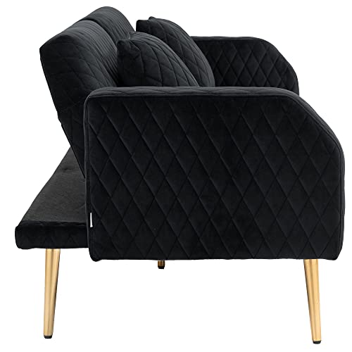 Modern Velvet Loveseat Sleeper Futon Sofa Bed with Metal Legs, Black P4165