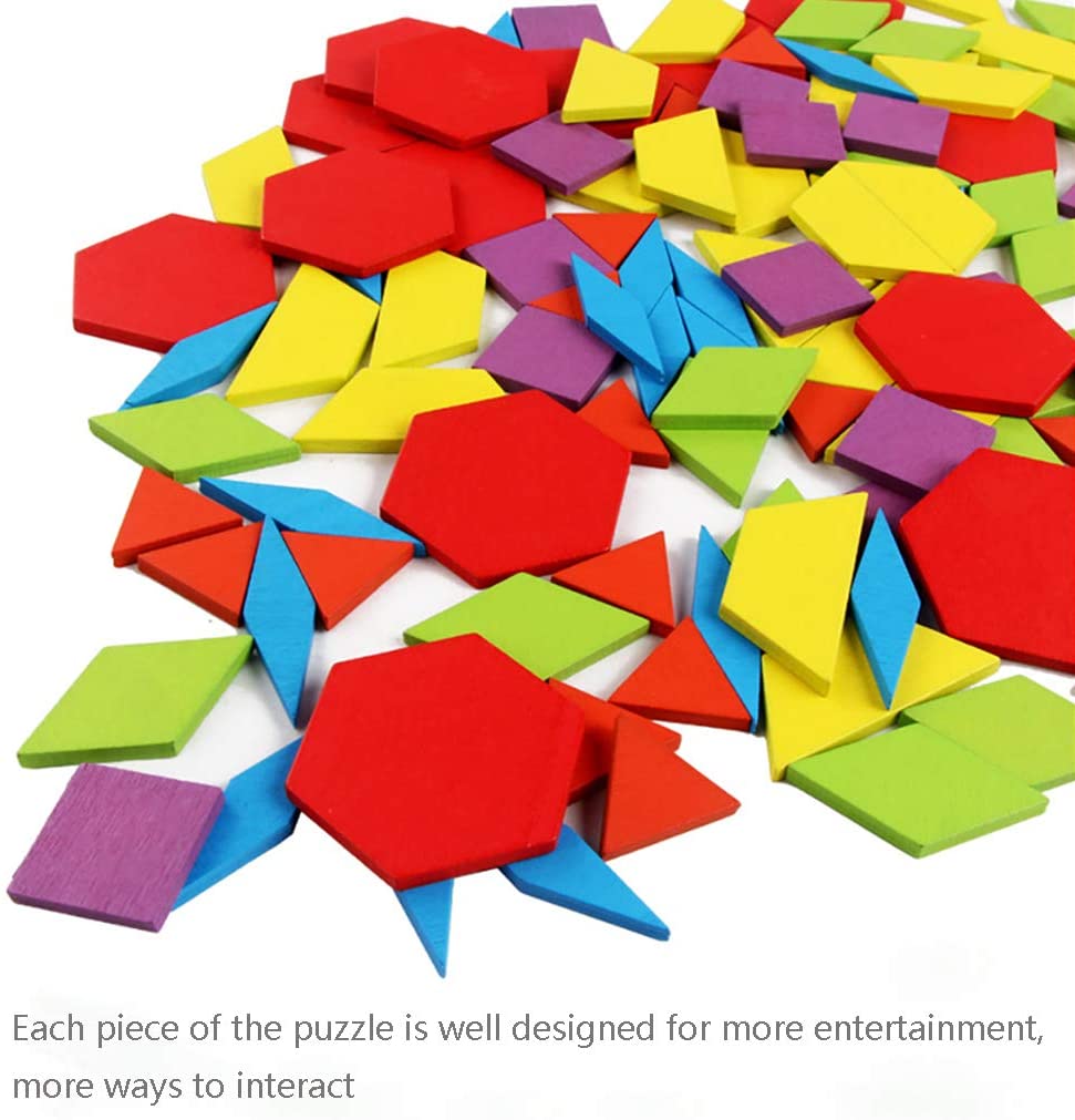 ISHANTECH 155 Pcs Wooden Pattern Blocks Set Geometric Shape Puzzle Montessori Tangram Toys for Kids Ages 4-8 C5106