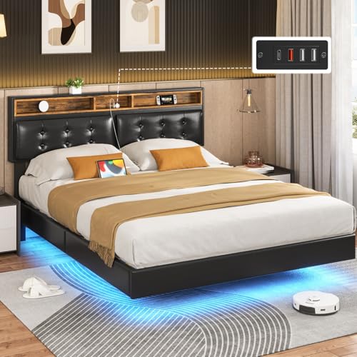 Hasuit California King Floating Bed Frame with LED Lights, California King Bed Frame with Headboard and Charging Station, Cal King Bed Frame No Box Spring Needed, Easy to Assemble, Faux Leather Black