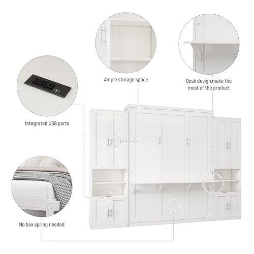 Murphy Bed Queen with 2 Side Cabinet Storage Shelves, USB Port, Foldable Platform Bed Frame, White F219