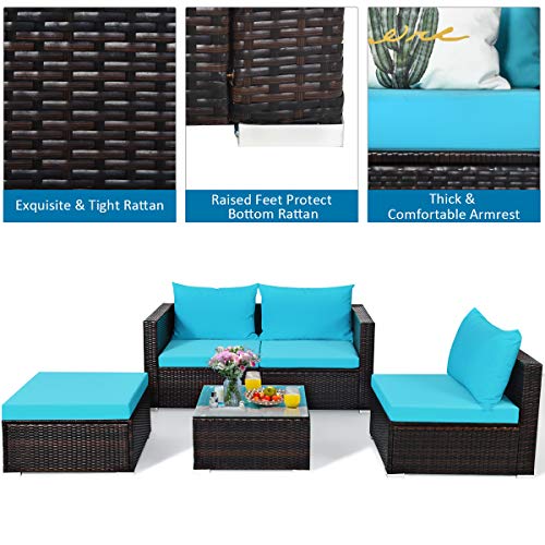 Tangkula 5 Piece Outdoor Patio Furniture Set, Wicker Sectional Sofa with Glass Top Coffee Table, Turquoise H613244