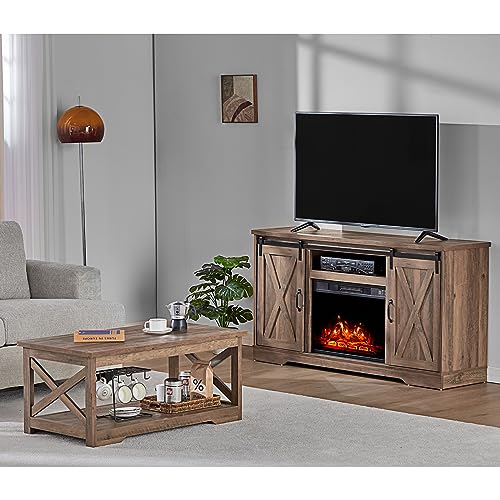 AMERLIFE 5-Piece Farmhouse Table Set with Fireplace TV Stand, Coffee Table & 2 End Tables P884