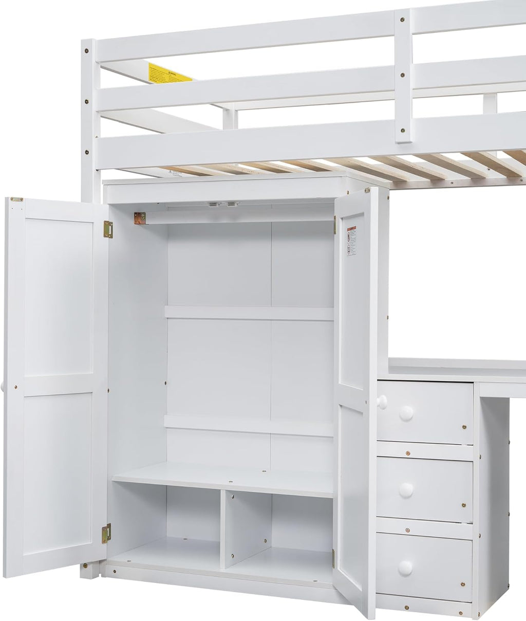 Twin Size Wood Loft Bed with Wardrobe, Desk and Storage Drawers, White H6245