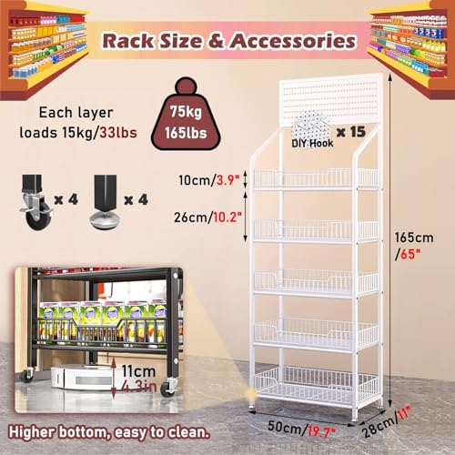 5 Tier Supermarket Shelf Display Rack with Wheels, White U40628