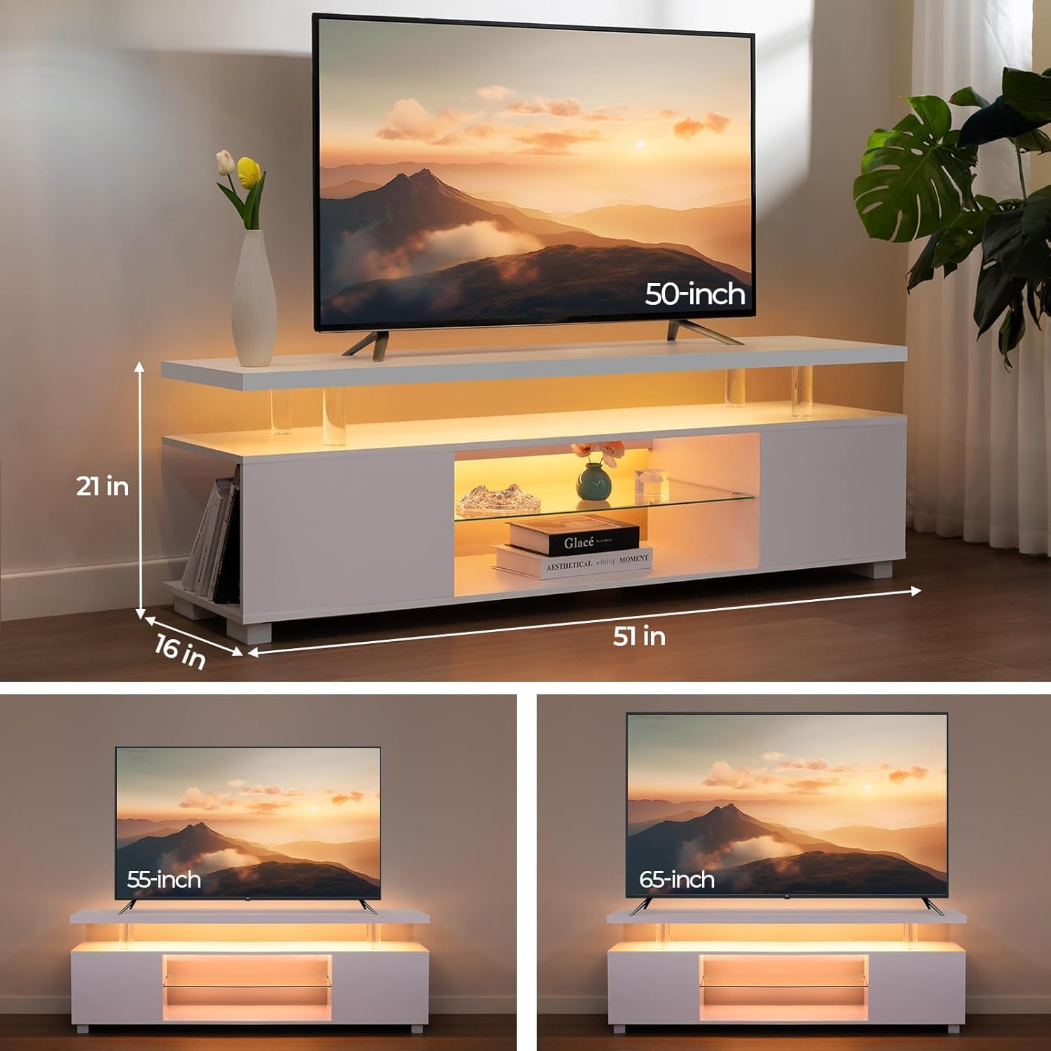 DMAITH TV Stand with LED Lights for 32-55 Inch TVs, White D4236