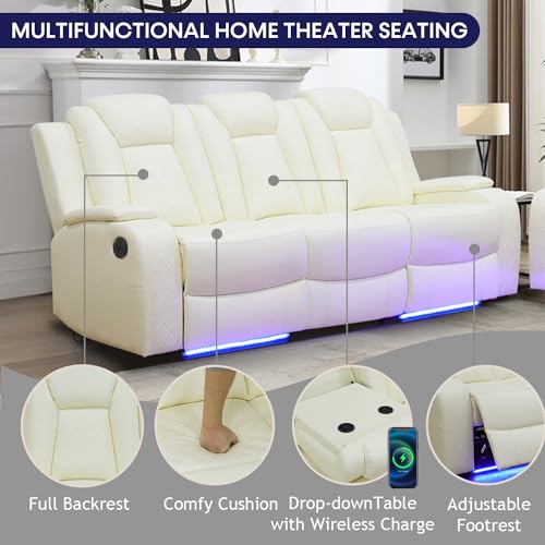 Leather Recliner Sofa Set with LED Lights, USB Port, Black, 3 Piece O741