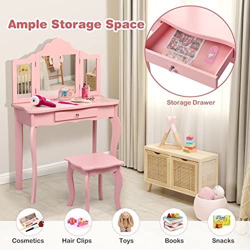 HONEY JOY Kids Vanity Set with Mirror and Stool, White L306