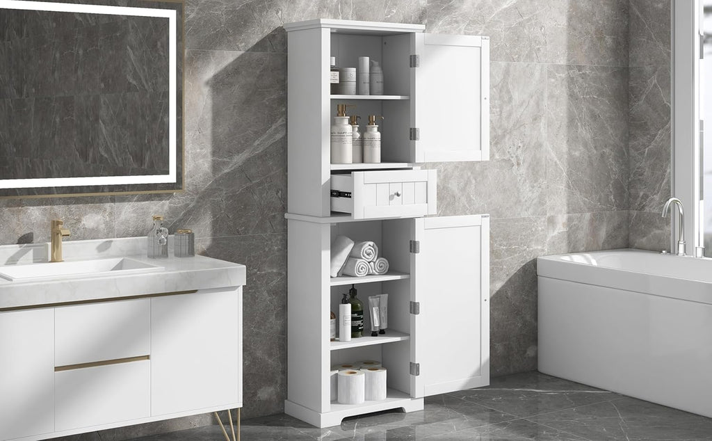 DofFo Tall Linen Bathroom Storage Cabinet with 2 Doors and 1 Drawer, White H558024