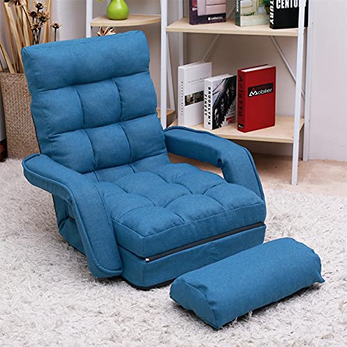 6-Position Adjustable Chaise Lounge Sofa, Folding Lazy Floor Chair Sofa Lounger Bed with Armrests and a Pillow Padded for Living Room (Blue)