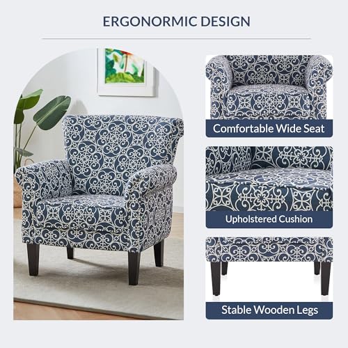 BELLEZE Upholstered Wingback Accent Chair, Navy Blue/White C510