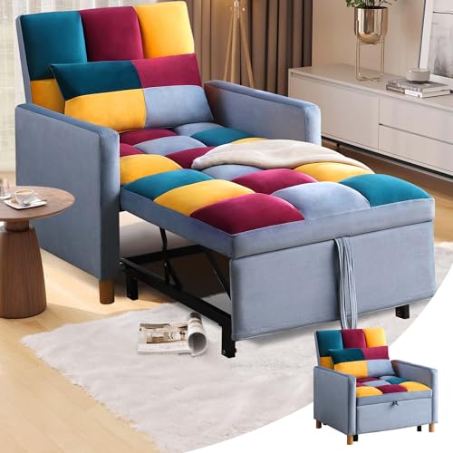 Sofa Chair Pull-Out Bed with Adjustable Backrest, 3 in 1 Convertible Multi-Function Folding Ottoman Couch with Pillow for Living Room Apartment Small Space, Grey