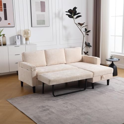 Sleeper Sectional Sofa with Storage Chaise, L Shape Chenille Pull Out Sofa Bed, Beige A24547