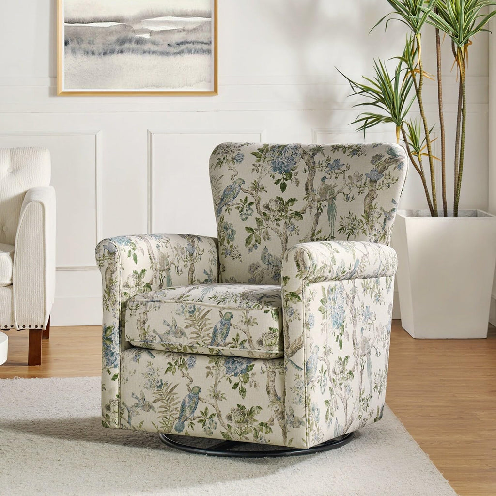 HULALA HOME Georg Floral Fabric Swivel Rocker Chair with Rolled Armrest F6446