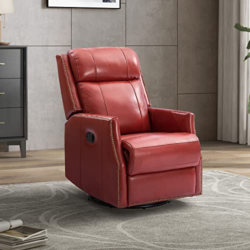Genuine Leather Swivel Recliner Chair with Wingback and Nailhead Trims, Red Z27530