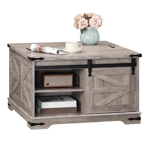 HOOBRO Farmhouse Lift Top Coffee Table, White and Walnut D7266
