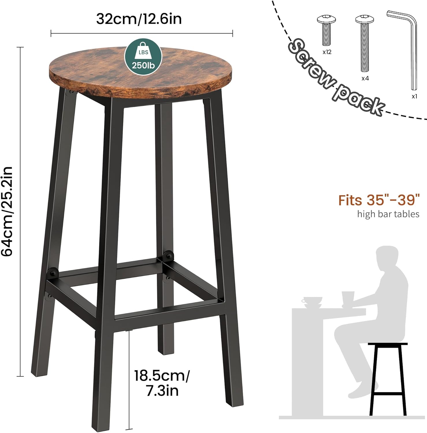 3-Tier Narrow Side Table with Magazine Holder, Set of 2 Bar Stools with Footrest W995575