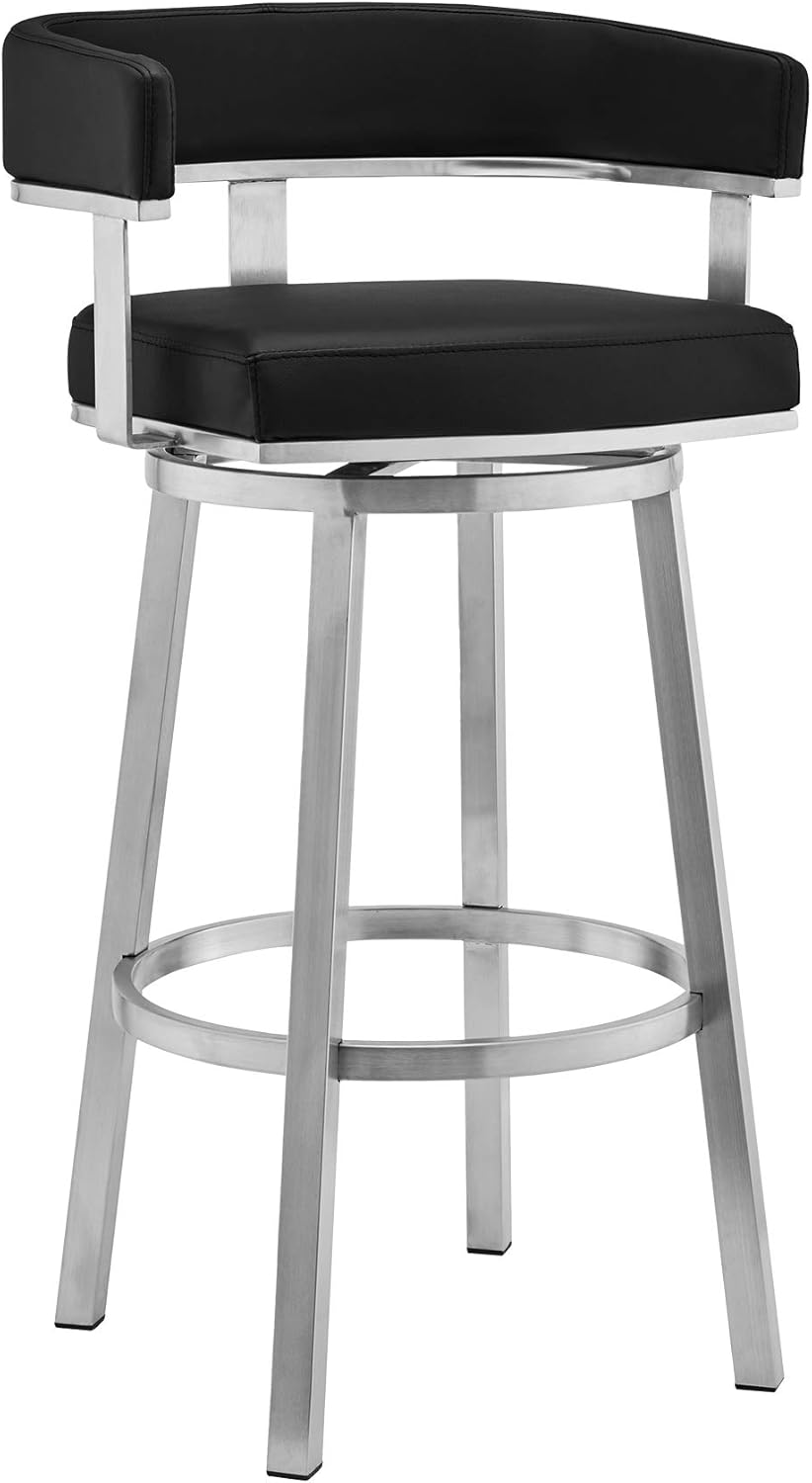 Armen Living Cohen 26" Black Faux Leather and Brushed Stainless Steel Swivel Bar Stool