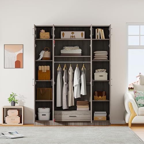 Wardrobe Armoire with 4 Doors, Mirror, Shelves and Hanging Rod R902