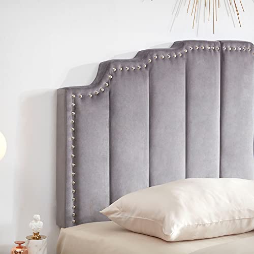 Kingfun Mid Century Velvet Upholstered Headboard for King Size Bed, Grey W923143