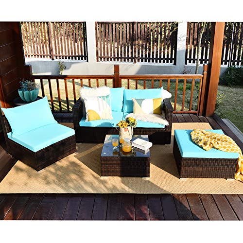 Tangkula 5 Piece Outdoor Patio Furniture Set, Wicker Sectional Sofa with Glass Top Coffee Table, Turquoise H613244