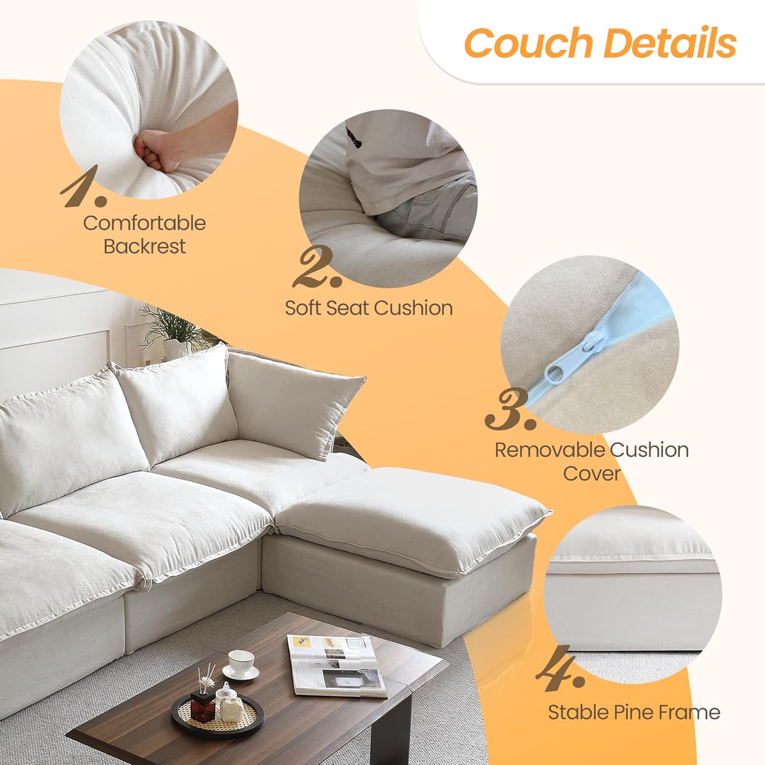 JACH U Shape Sectional Sofa with Ottomans, 6-Seat Beige M757136