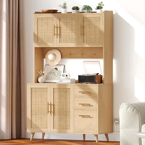 70.9" Kitchen Pantry Cabinet with Microwave Shelf, Rattan Hutch with Charging Station, Tall Floor Cupboard with Drawers and Doors, Black and Natural U6564