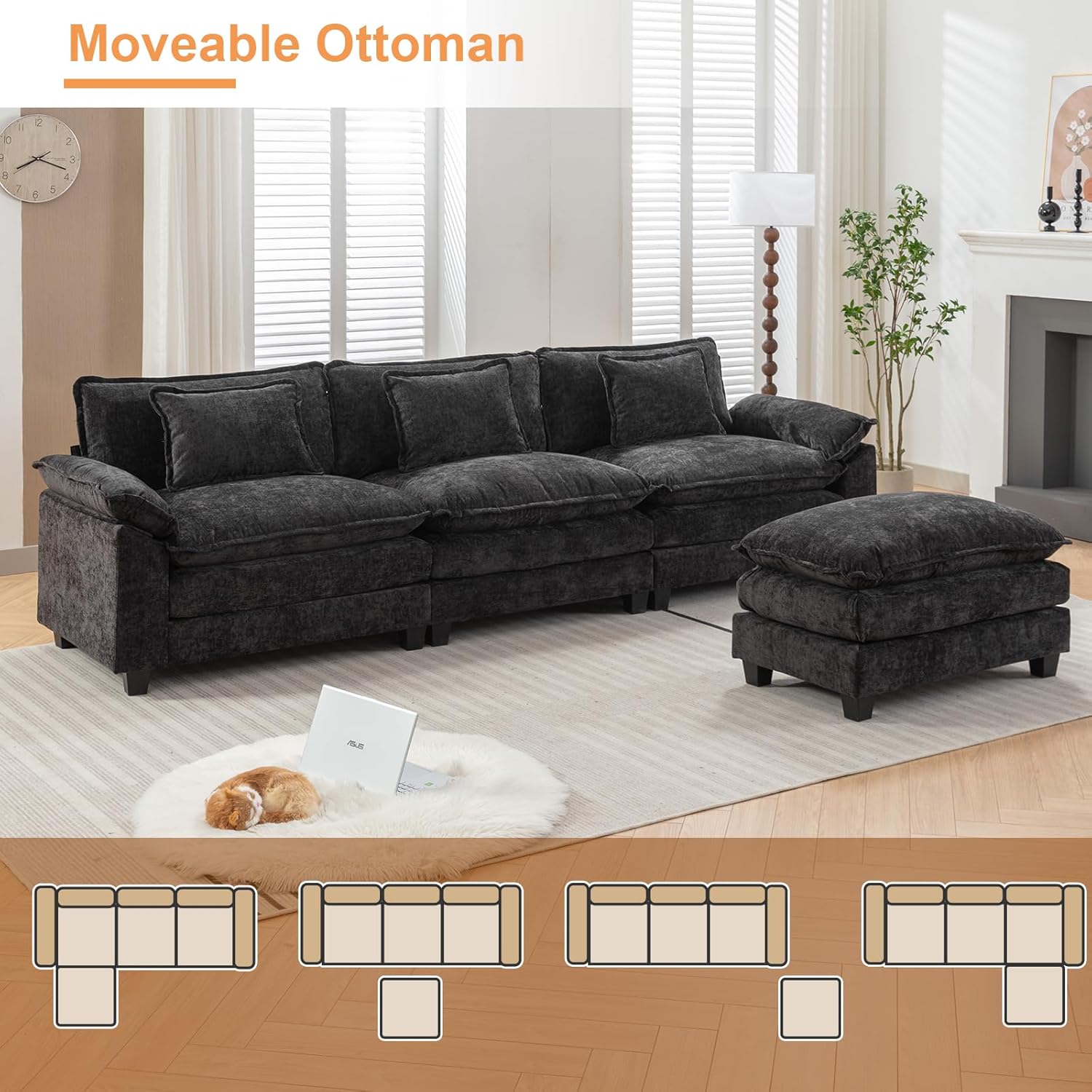 IPKIG 117" Sectional Sofa, Chenille L-Shaped Couch with Ottoman, Black L64376