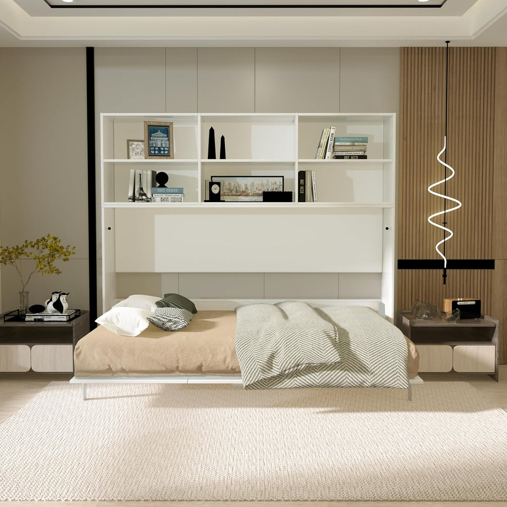 Twin Size Murphy Bed, Modern American Wall Bedframe with Six Storage Shelf, Flexible Slats Support & Space-Saving Design, Gas Struts, Cube Beds for Guest Room/Office, White