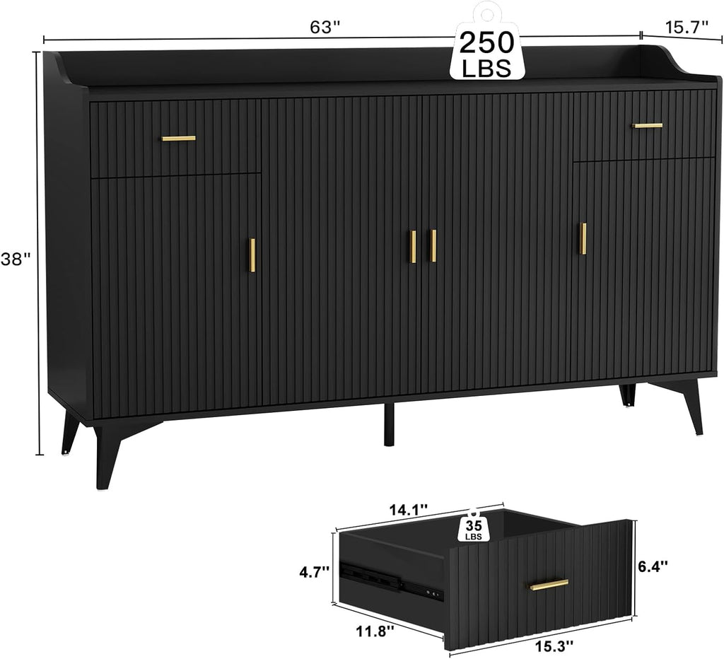 Wakefit Sideboard Buffet Cabinet with Storage, Fluted Doors & Drawer, Black Q8624