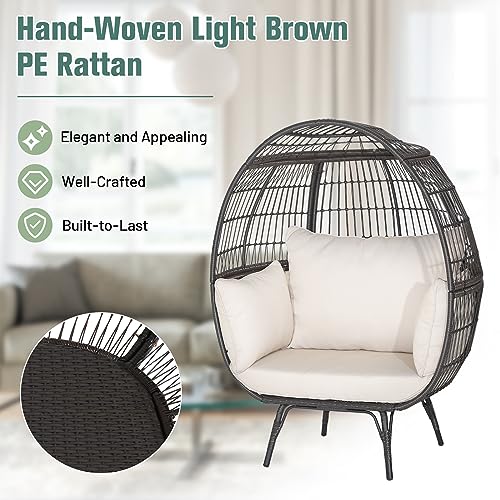 Oversized Egg Chair with Metal Stand and 4 Cushions, PE Rattan, Light Brown P508128