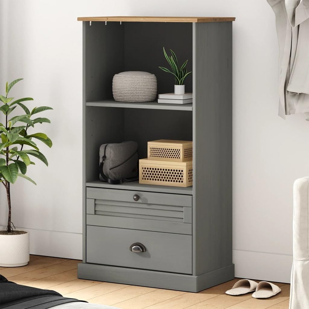 vidaXL VIGO Gray Solid Pine Wood Bookcase with 2 Shelves and 2 Drawers L324