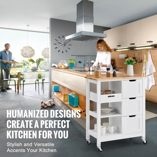VEVOR Kitchen Island Cart, 26 inch Wood Top Rolling Cart with 3 Drawers D83256