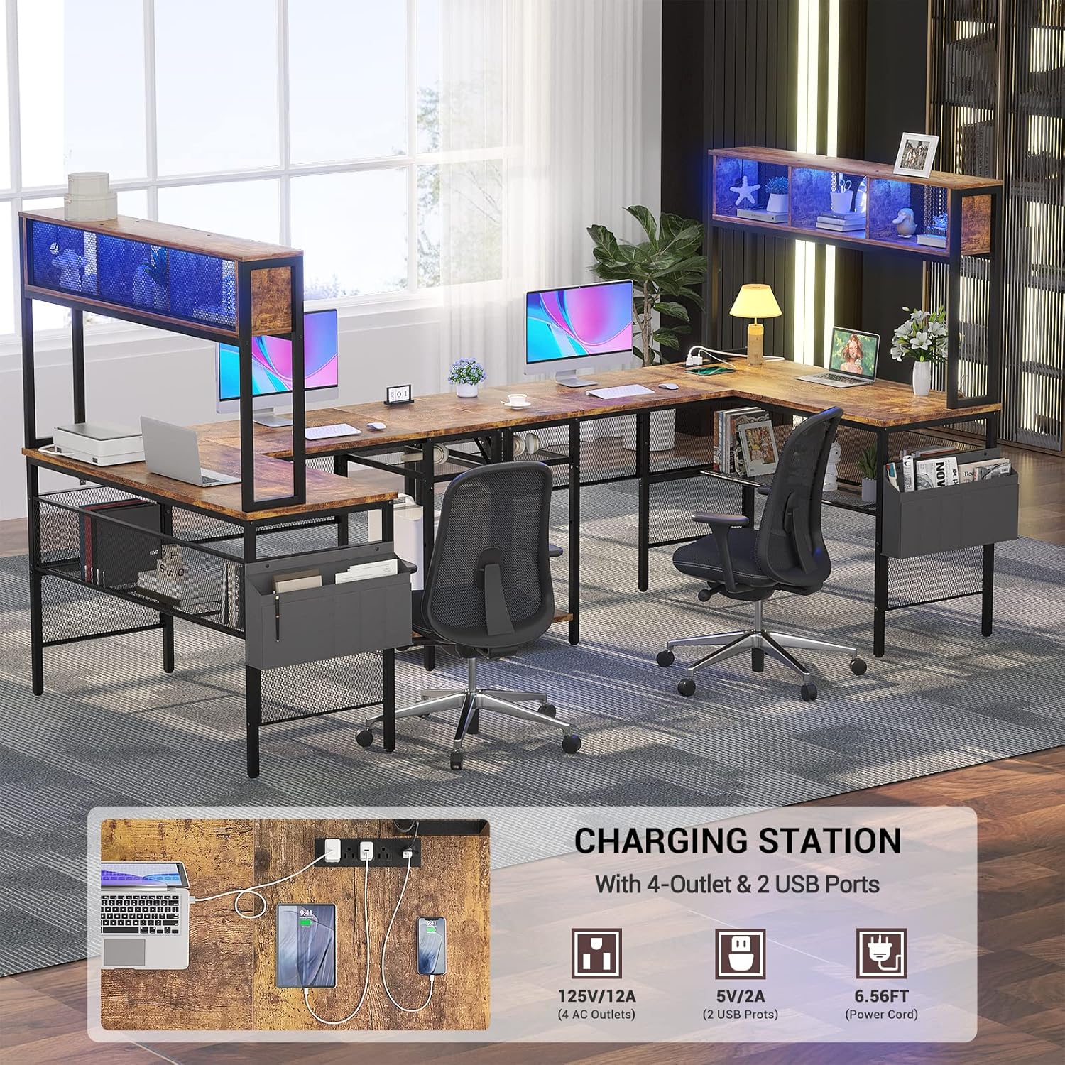Aheaplus L Shaped Gaming Desk with LED Lights & Power Outlets, 55 Inch, Rustic Brown R818