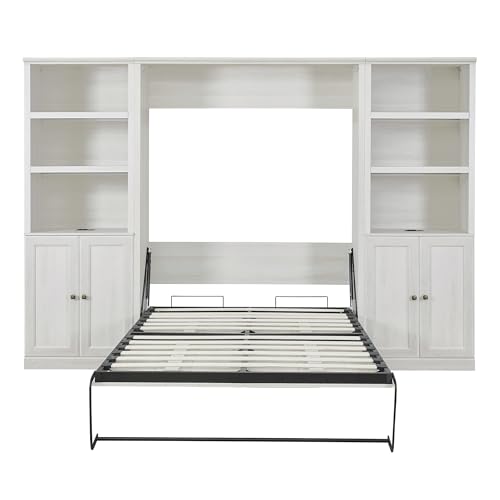 Full Size Murphy Bed with Storage Cabinet, Drawers and Shelves, White X911287