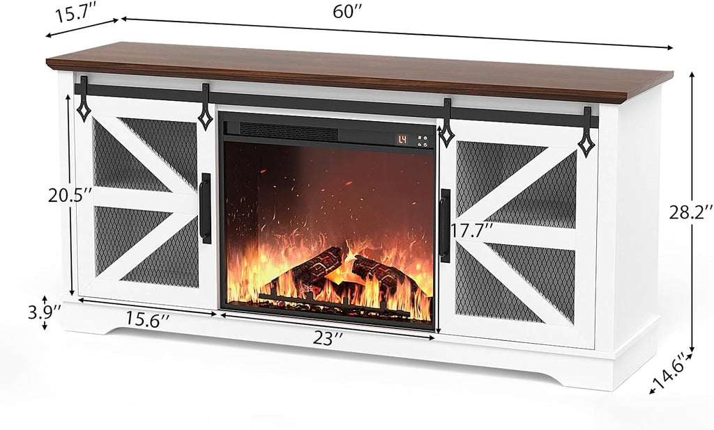 VOWNER Fireplace TV Stand for 65 Inch TV, Farmhouse Media Console with Electric Fireplace Heater, White M9174